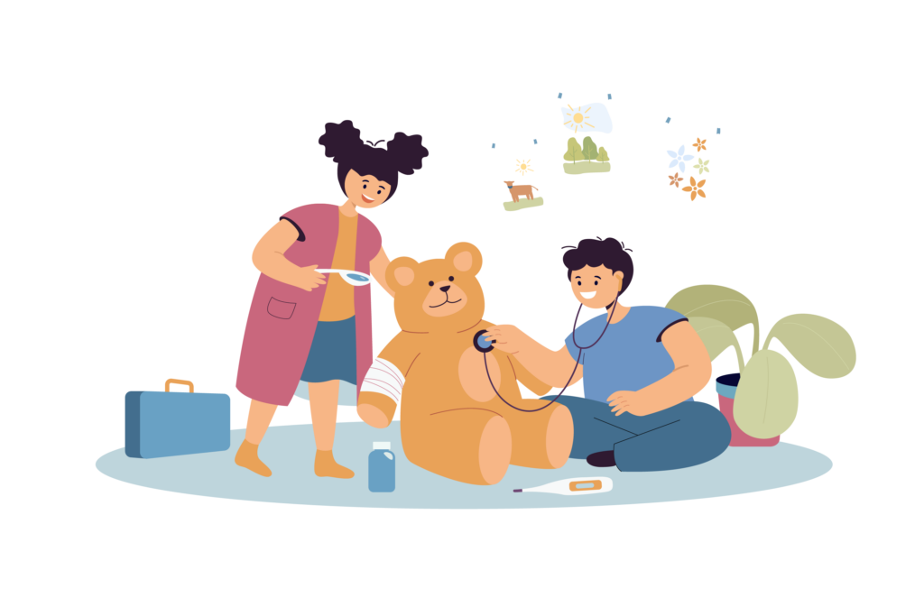 Ilustración de dos niños jugando con un oso de peluche